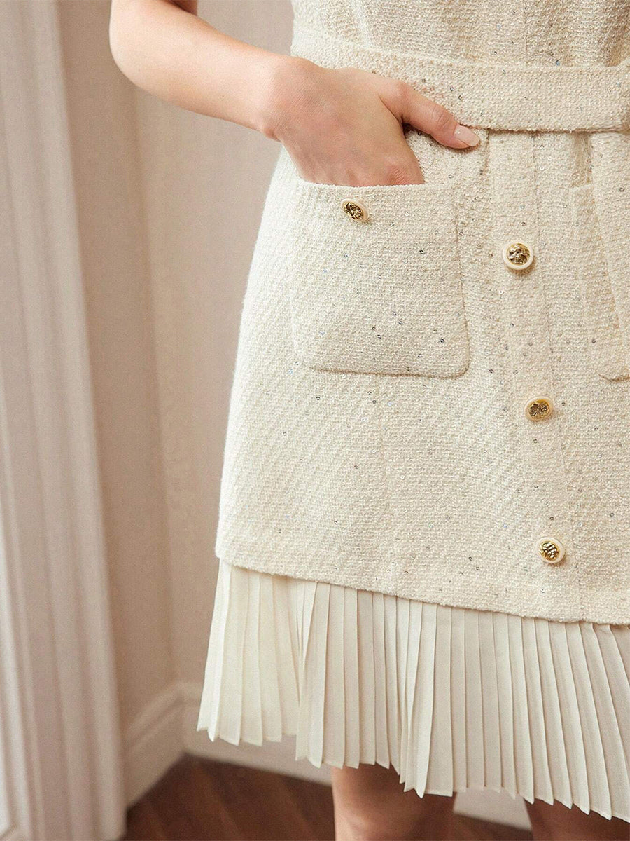 Apricot Tweed Dress With Short Sleeves And Gold Buttons For Summer 2026