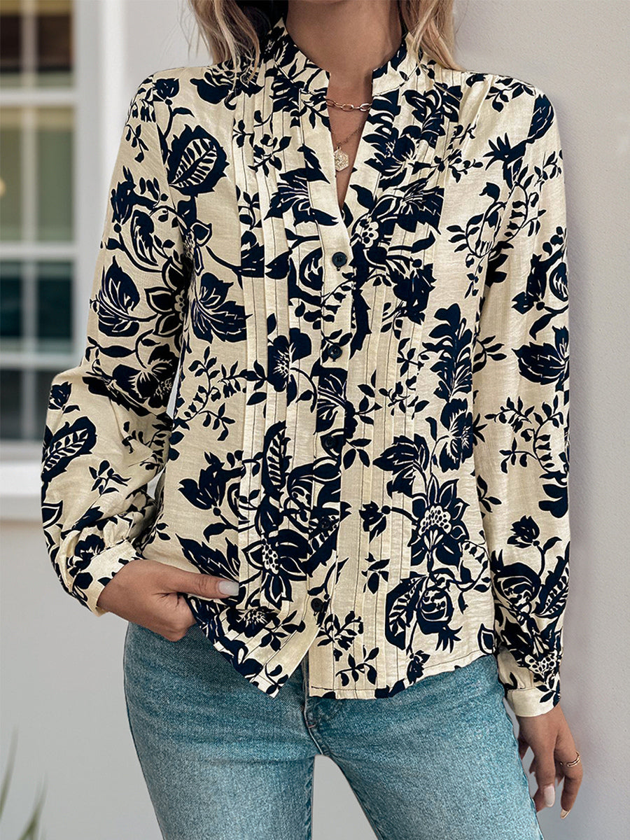 Vintage Floral Print Pleated Blouse Front With Long Sleeves For Autumn 2026