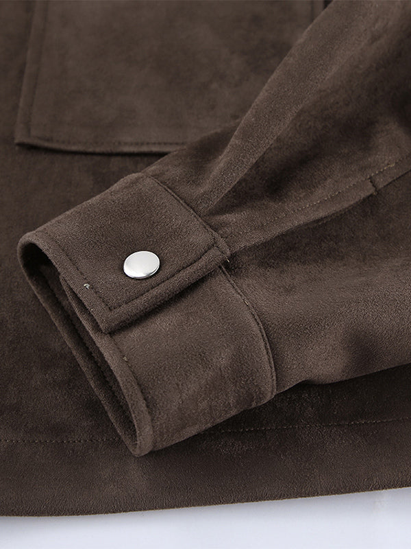 Brown Suede Cropped Zip-up Jacket With Pockets For Women 2026