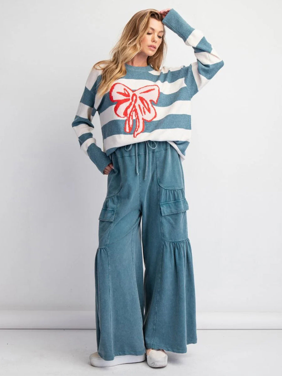 Sweet Striped Bow Print Oversized Knit Sweater Top For Women 2026