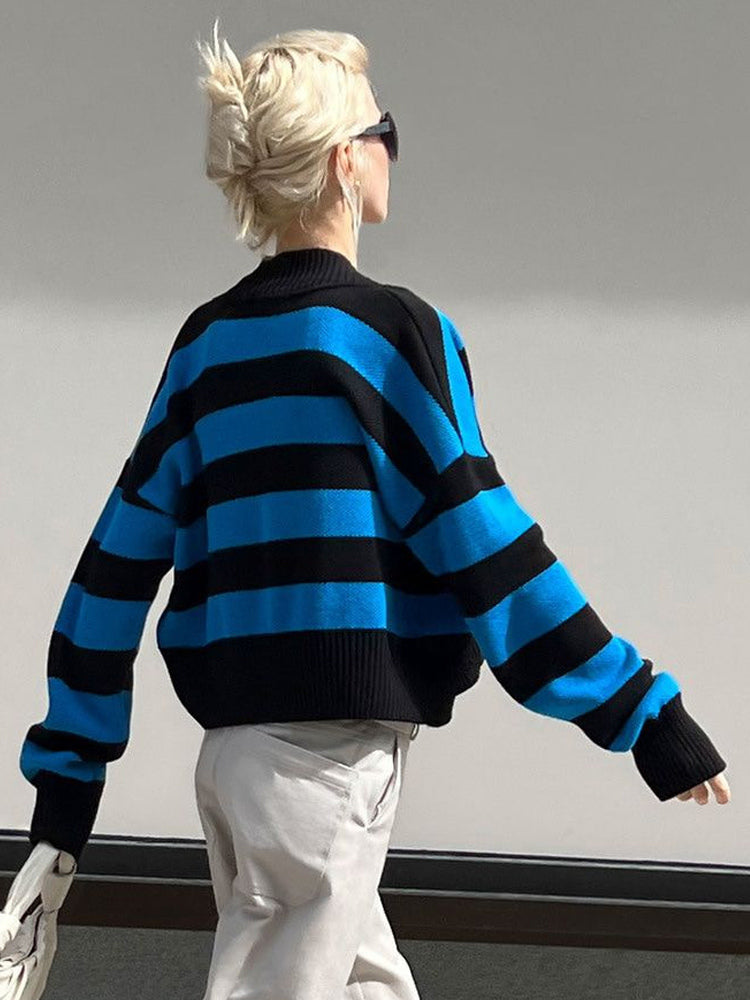 Striped V-Neck Crop Cardigan Knit Button Up Sweater For Women 2026