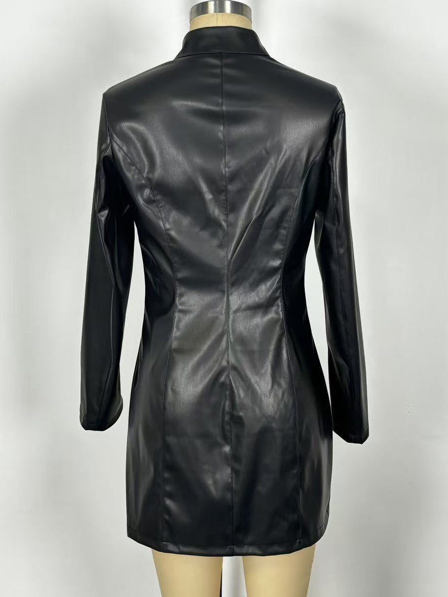 Sexy High Neck Long Sleeve Zipper Front Faux Leather Mini Dress For Women 2026