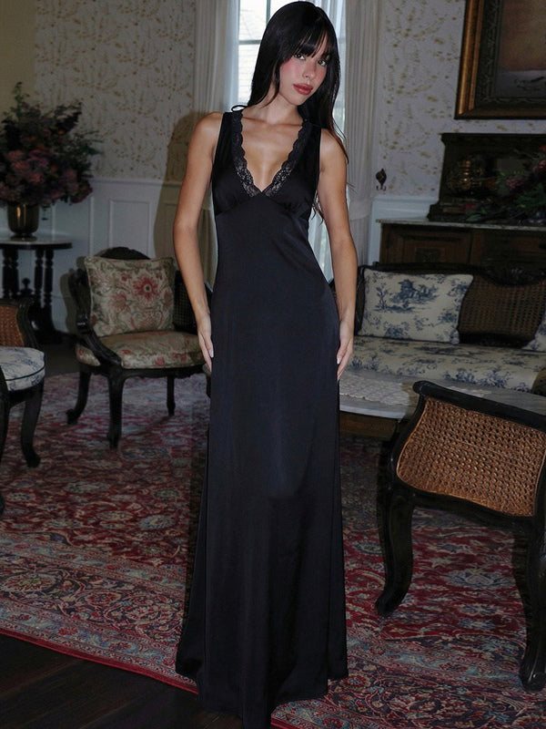 Black V Neck Lace Trim Slip Maxi Dress For Women 2026
