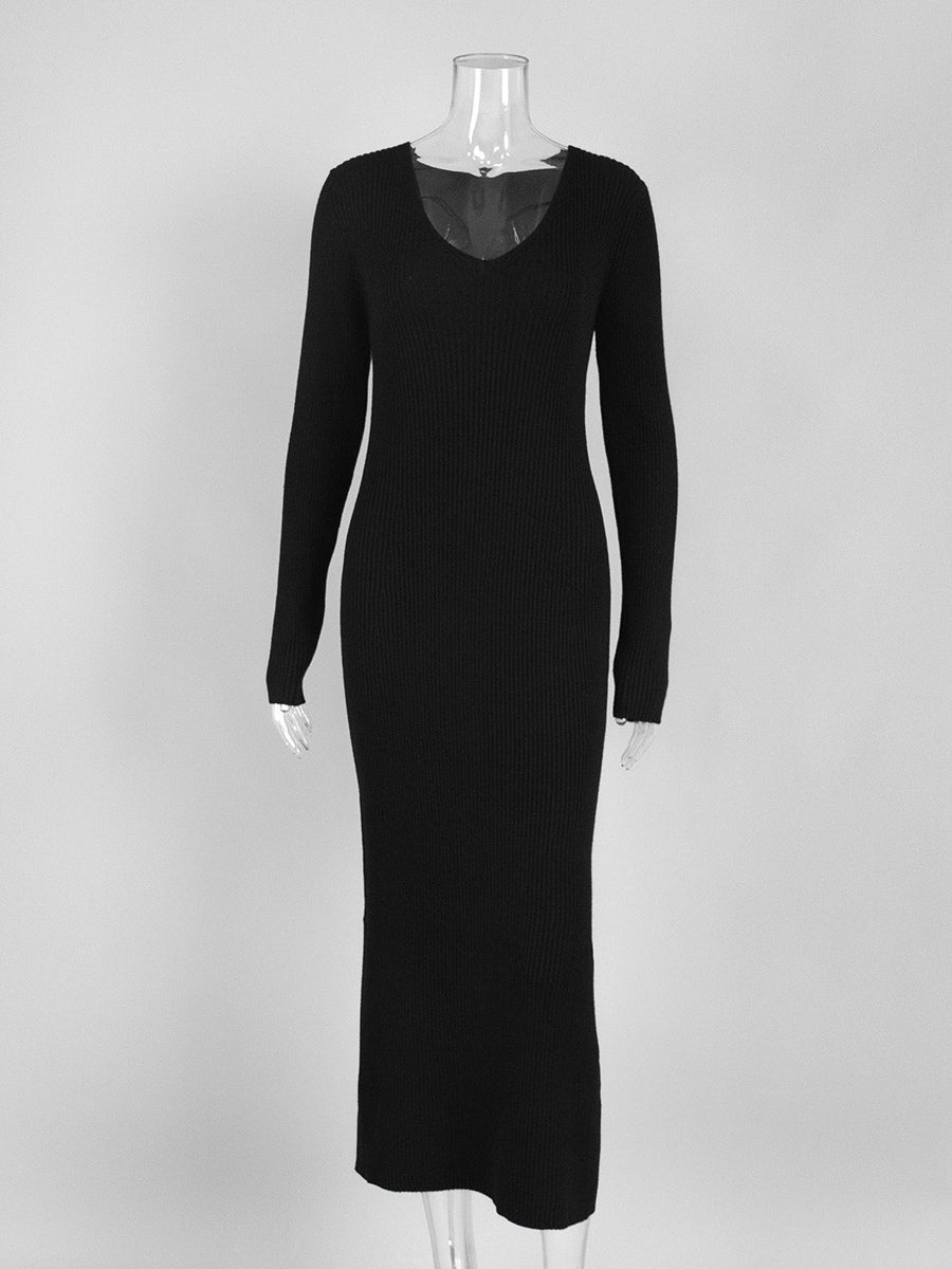Ribbed Knit V-Neck Slim Fit Long Sleeve Bodycon Maxi Sweater Dress For Women 2026