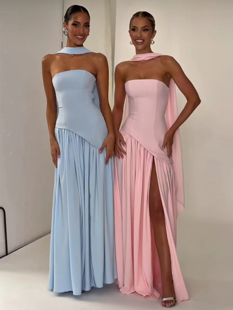 Asymmetric Design Strapless Maxi Party Dress With Scarf For Women 2026
