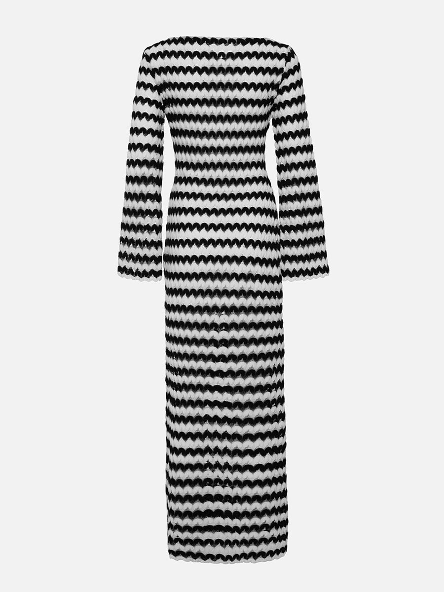 Contrast Wave Pattern Knit Long Sleeve Bodycon Maxi Dress For Women 2026