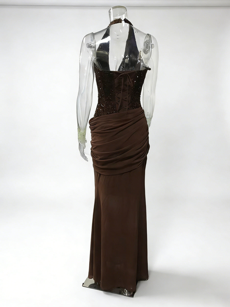 Sequined Halter Neck Mermaid Evening Gown With Ruched Waist Detail For Women 2026