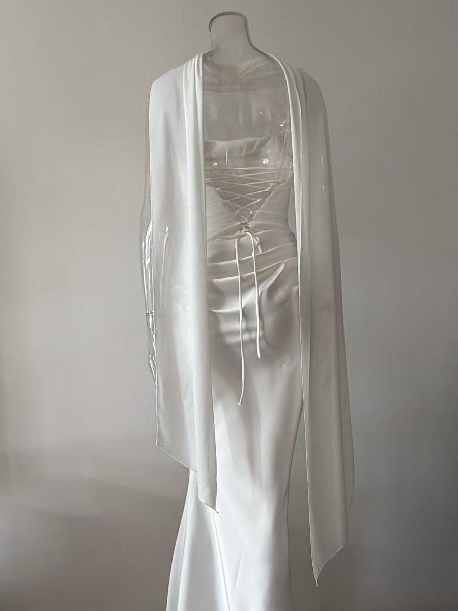 Ruched Waist Slim Fit Mermaid Maxi Prom Dress With Scarf For Women 2026