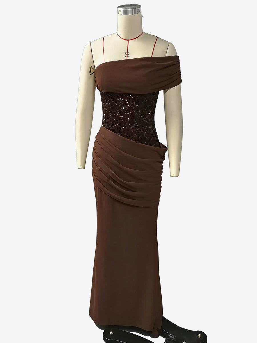 One Shoulder Ruched Waist Sequin Maxi Party Dress For Women 2026