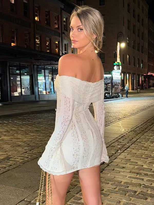 Lace Off Shoulder Long Sleeve Flare Cuff Bodycon Mini Dress For Women 2026