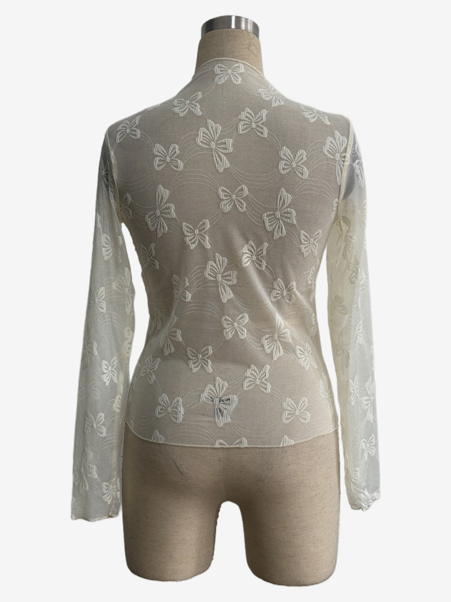 Transparent Mesh Long Sleeve Top With Allover Bow Jacquard For Women 2026