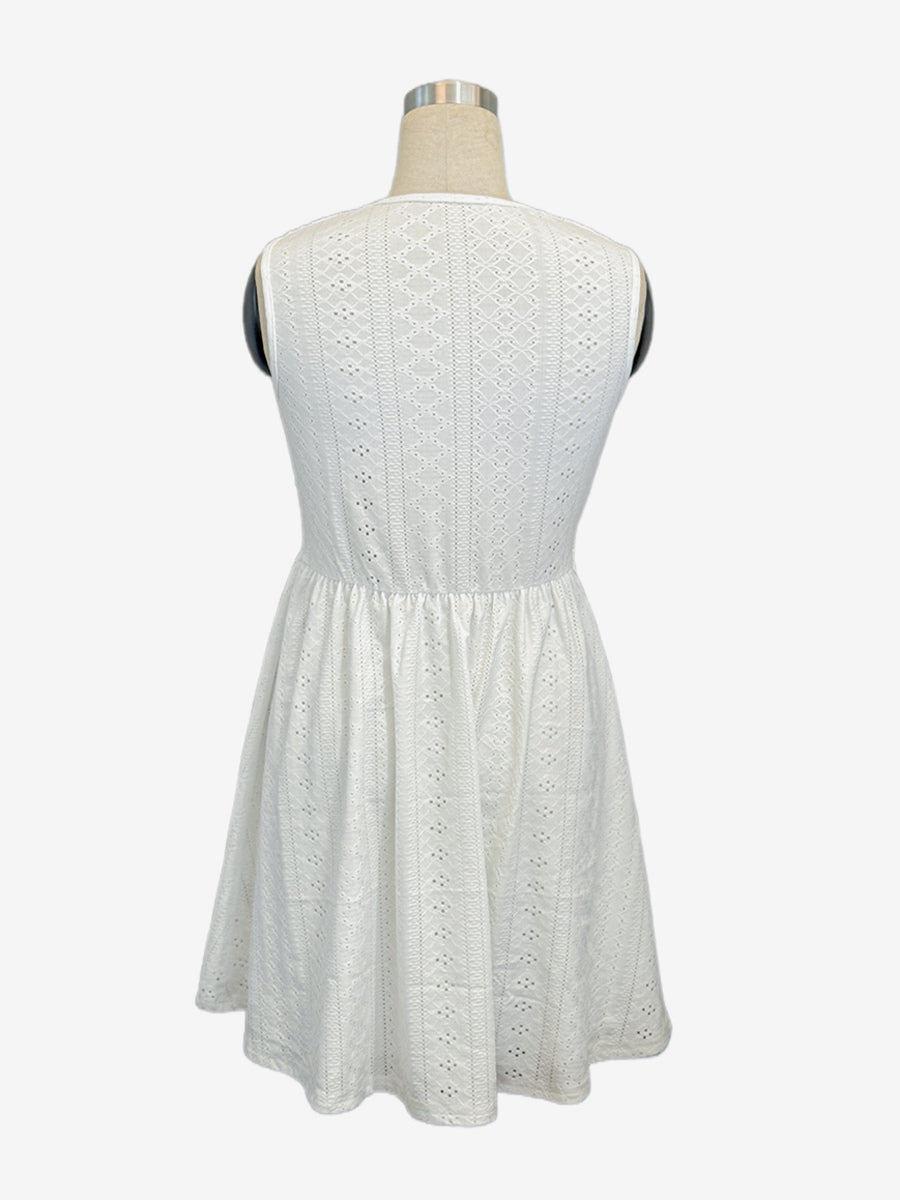 Eyelet Lace Mini Dress for Women - White Boho V Neck Sleeveless Fit and Flare A-Line Sundress - Summer Beach Vacation 2026