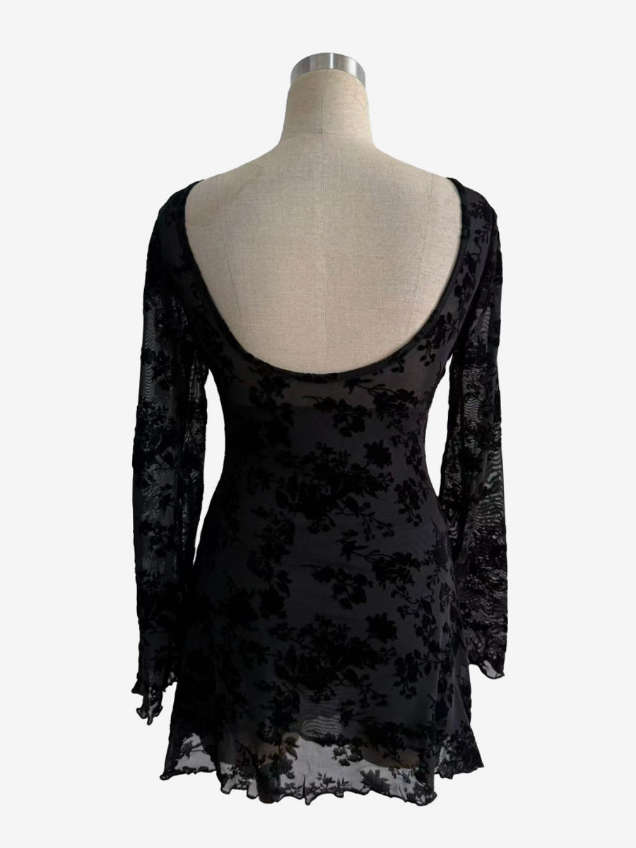 Flocked Floral Hollow Out Bow Flare Sleeve Mini Dress For Women 2026