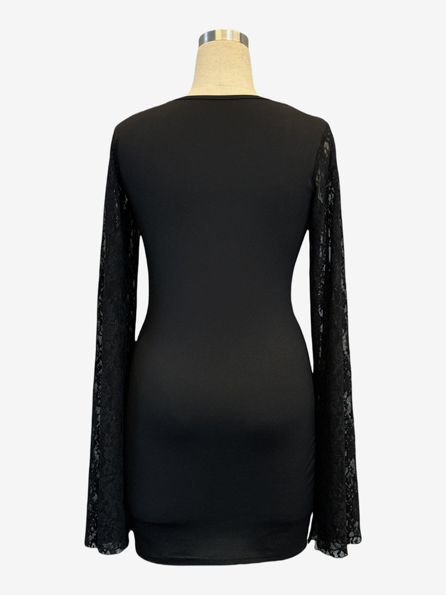 Square Neck Lace Flare Long Sleeve Bodycon Mini Dress For Women 2026