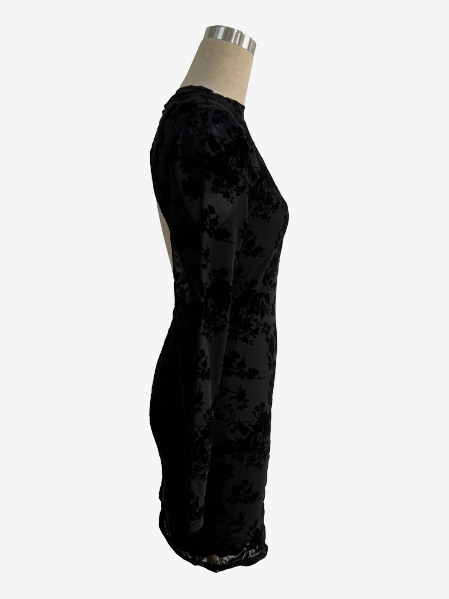 Flocked Floral Cutout Back Long Sleeve Bodycon Mini Dress For Women 2026
