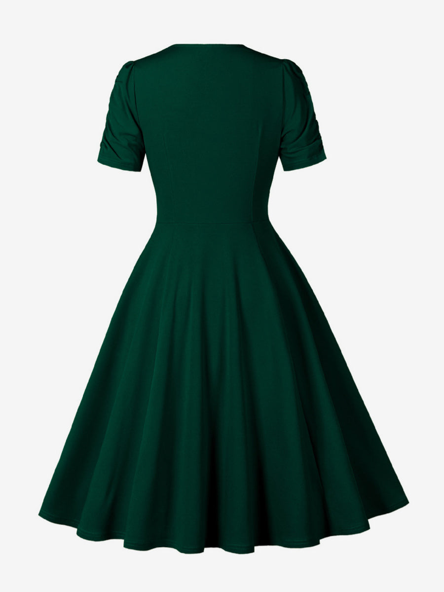 V Neck Ruched Bust Short Sleeve A Line Swing Cocktail Dress For Women 2026