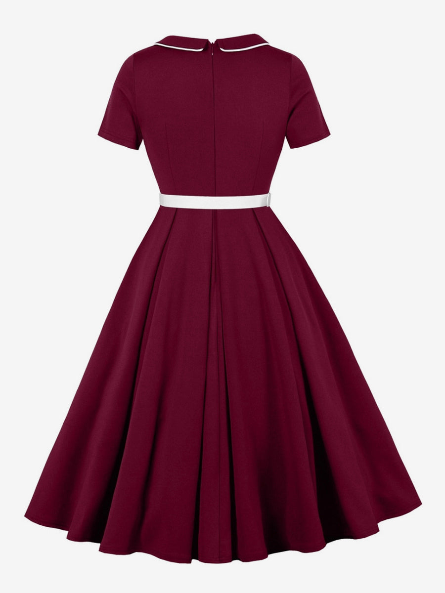 Contrast Piping Bow Neck Button Decor Pleated A Line Swing Dress For Women 2026
