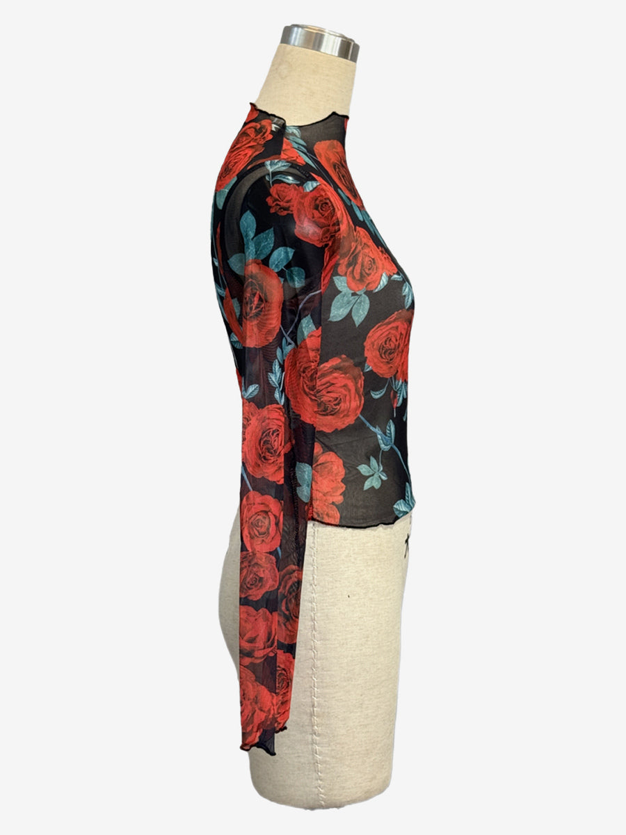 Vintage Rose Floral Print Lettuce Trim Mesh Long Sleeve Skinny Top For Women 2026