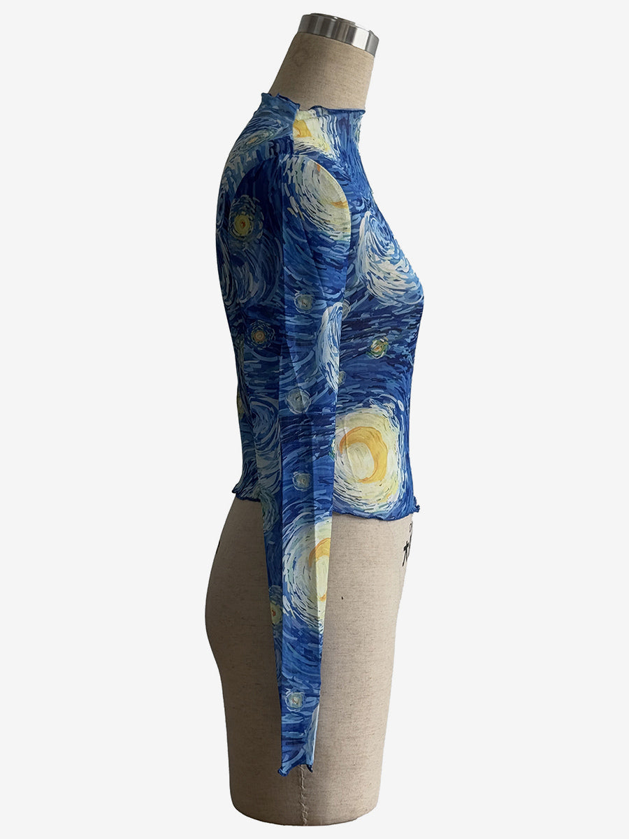 Starry Night Art Print Mock Neck Lettuce Trim Mesh Slim Top For Women 2026