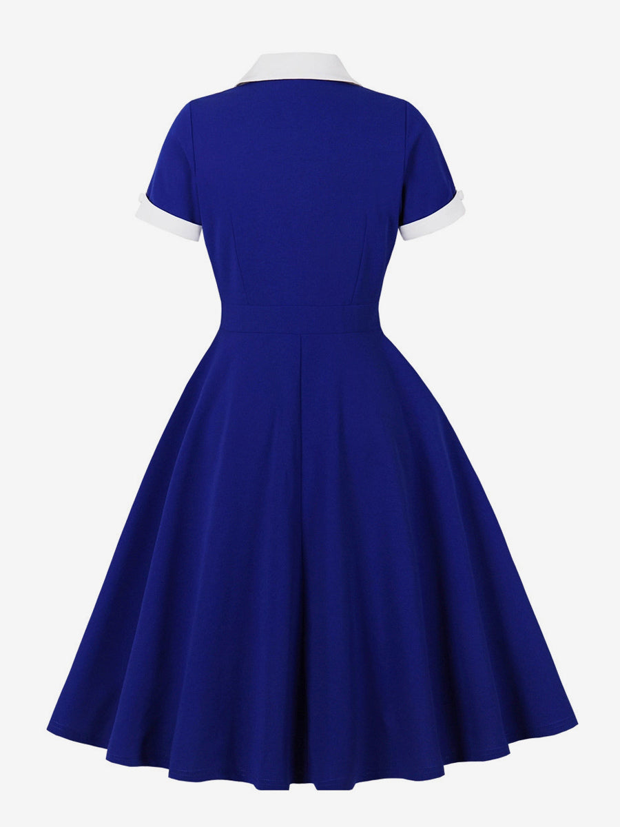 Contrast Lapel Collar Short Sleeve Retro Swing Dress For Women 2026