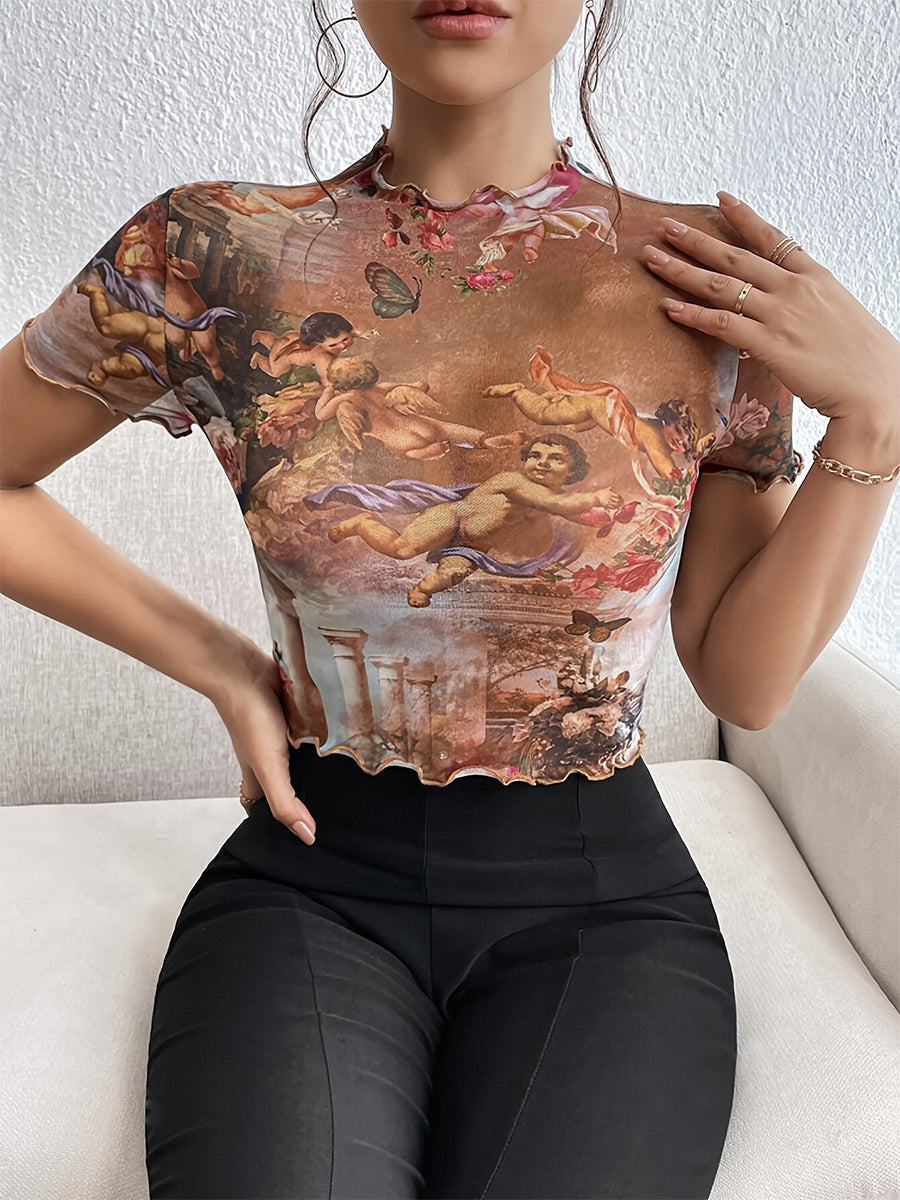 Angel Cupid Print Lettuce Trim Mesh Short Sleeve Slim Tee For Women 2026
