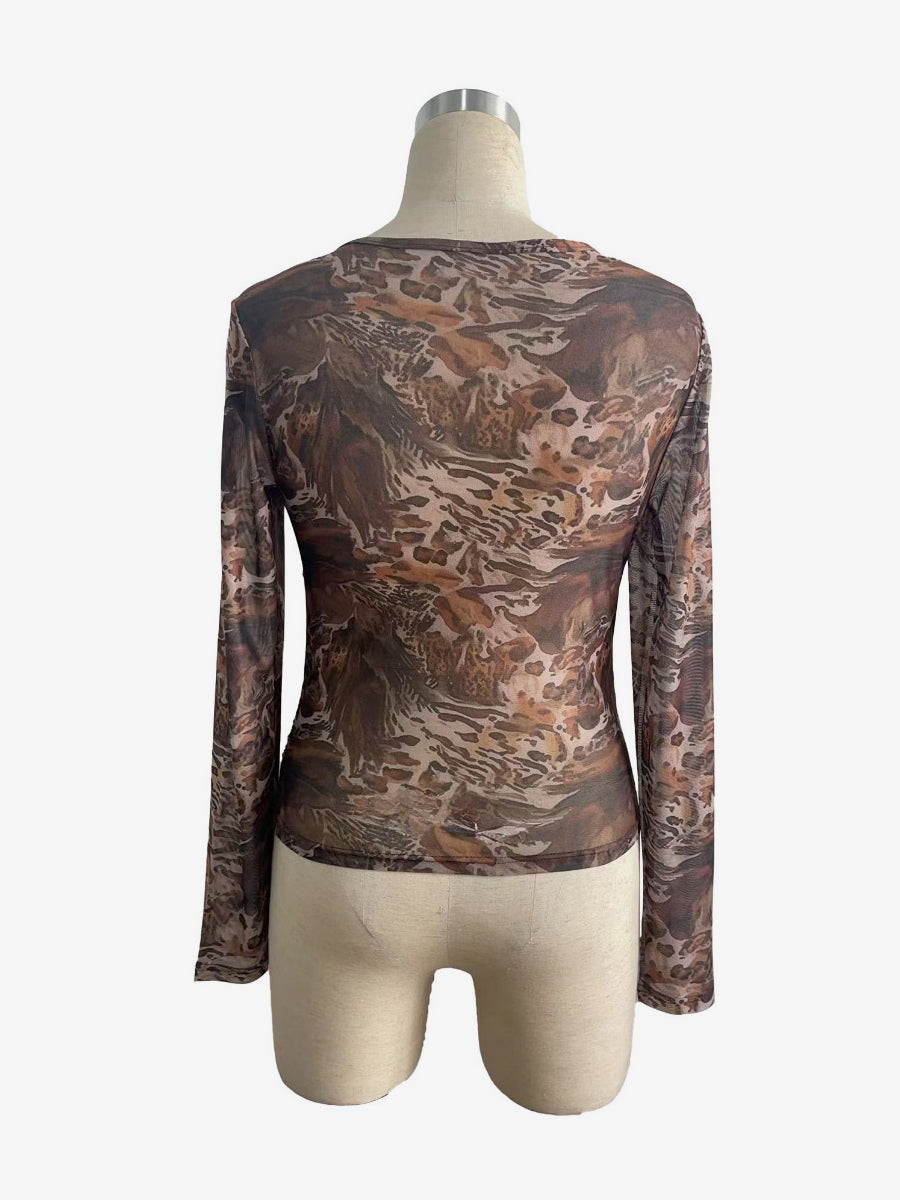 Abstract Print Mesh Slim Fit Long Sleeve Crew Neck Top For Women 2026