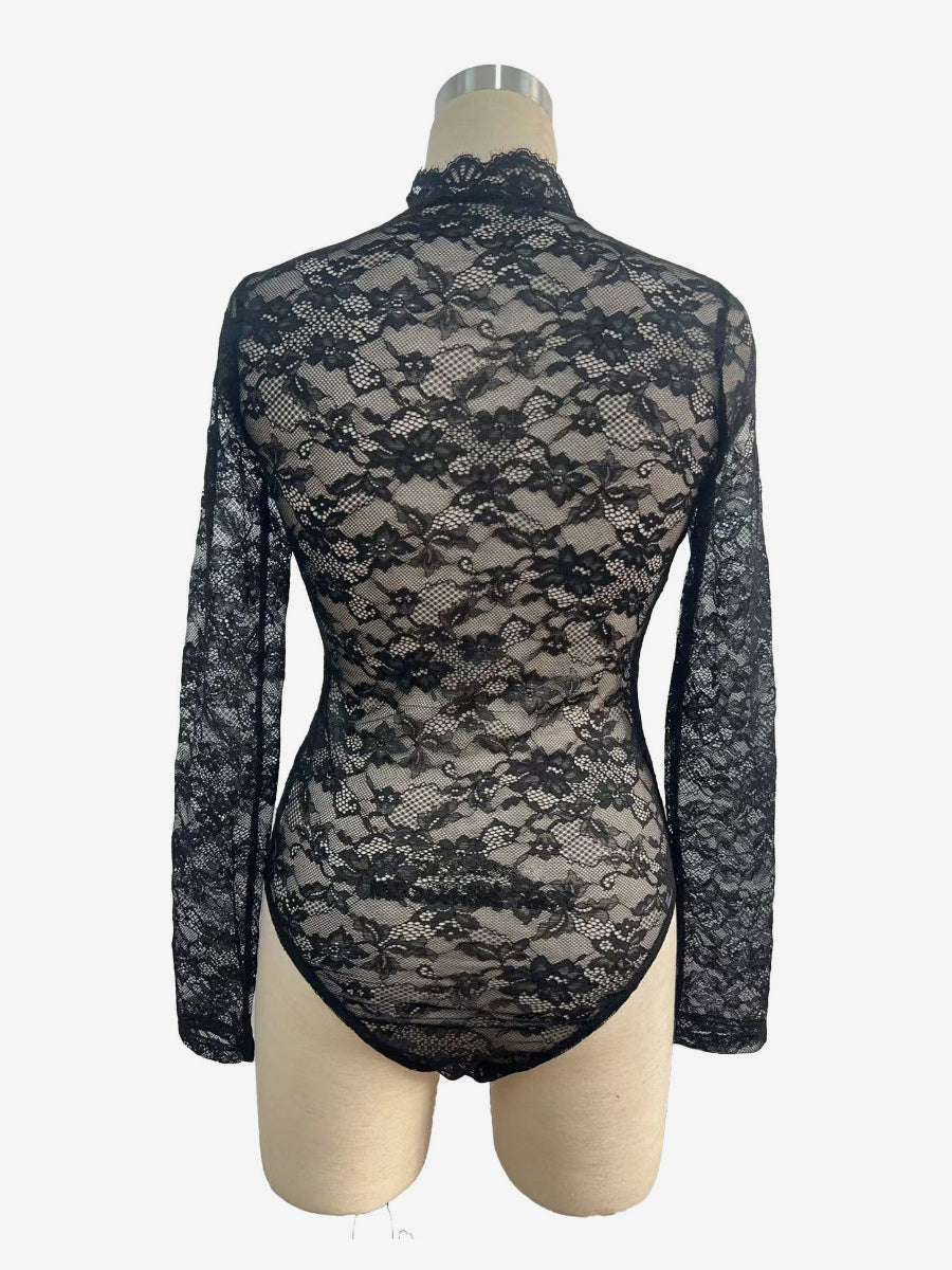 Lace Floral Mock Neck Long Sleeve Slim Fit Bodysuit For Women 2026