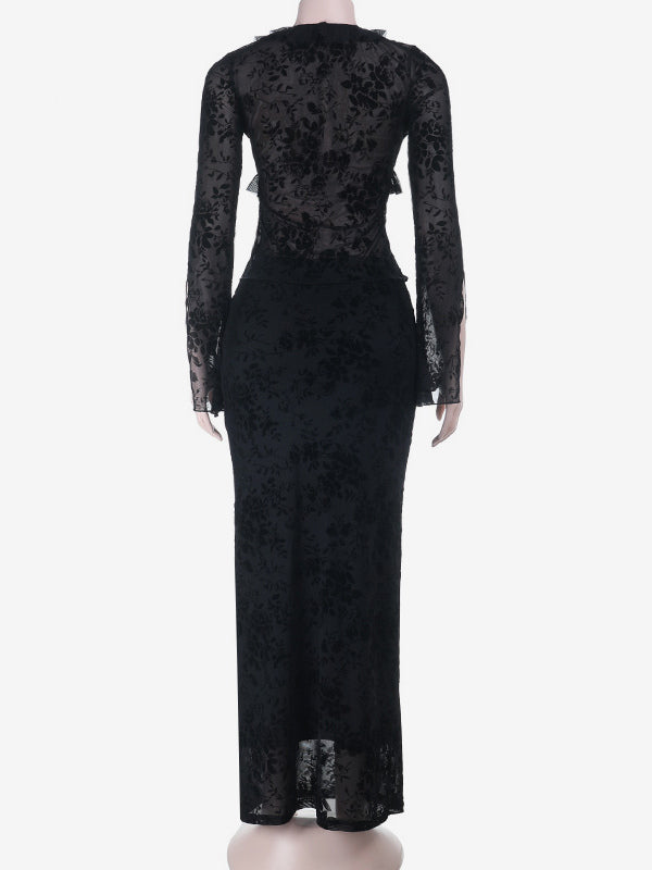 Black Flock Floral Women's 2 Piece Set - Tie Front Flare Sleeve Top & Maxi Skirt - Gothic Sheer Mesh Aesthetic Party Wear 2026