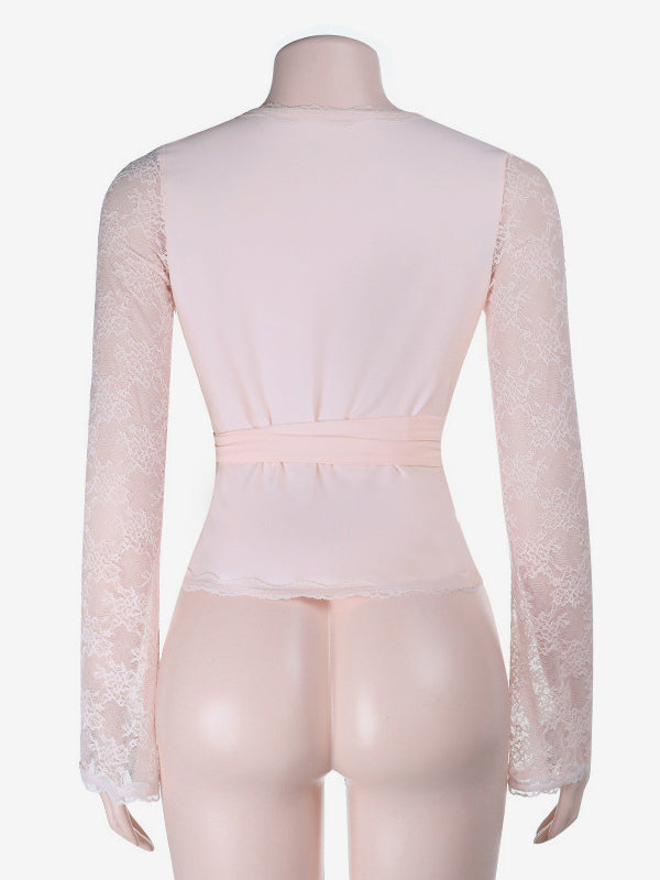 Baby Pink Wrap Front Women's Top - Sheer Lace Sleeve Date Night Blouse - Sexy Plunge Neck Balletcore Aesthetic Romantic Spring Top 2026