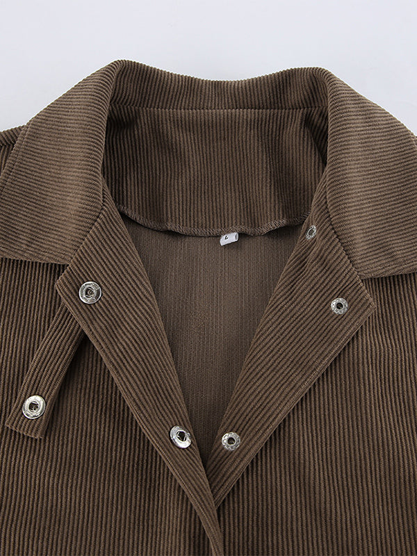 Brown Corduroy Women's Cropped Jacket - Oversized Utility Top - Maillard Style Streetwear Casual Daily Outfits 2026