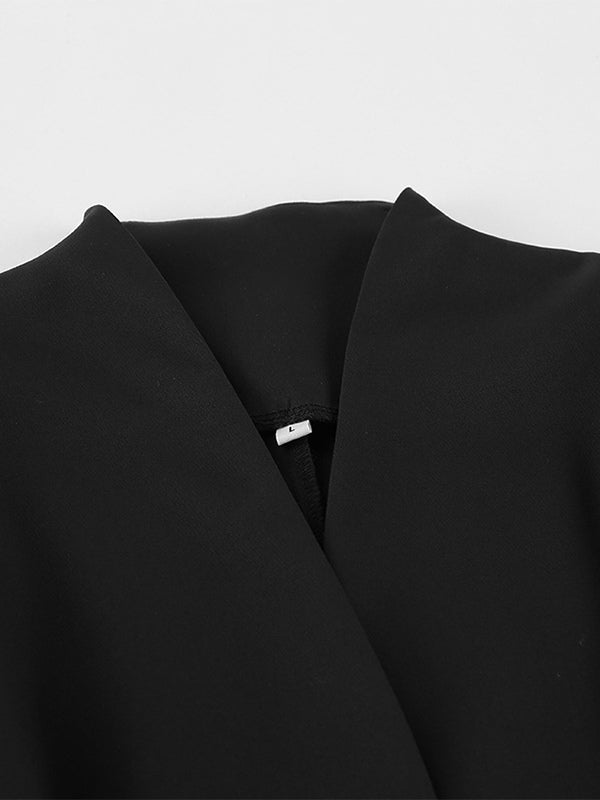 Hourglass Blazer Set For Office Lady - Black Modern Pleated Cinched Waist Tailoring - 2026 Spring Workwear Suit
