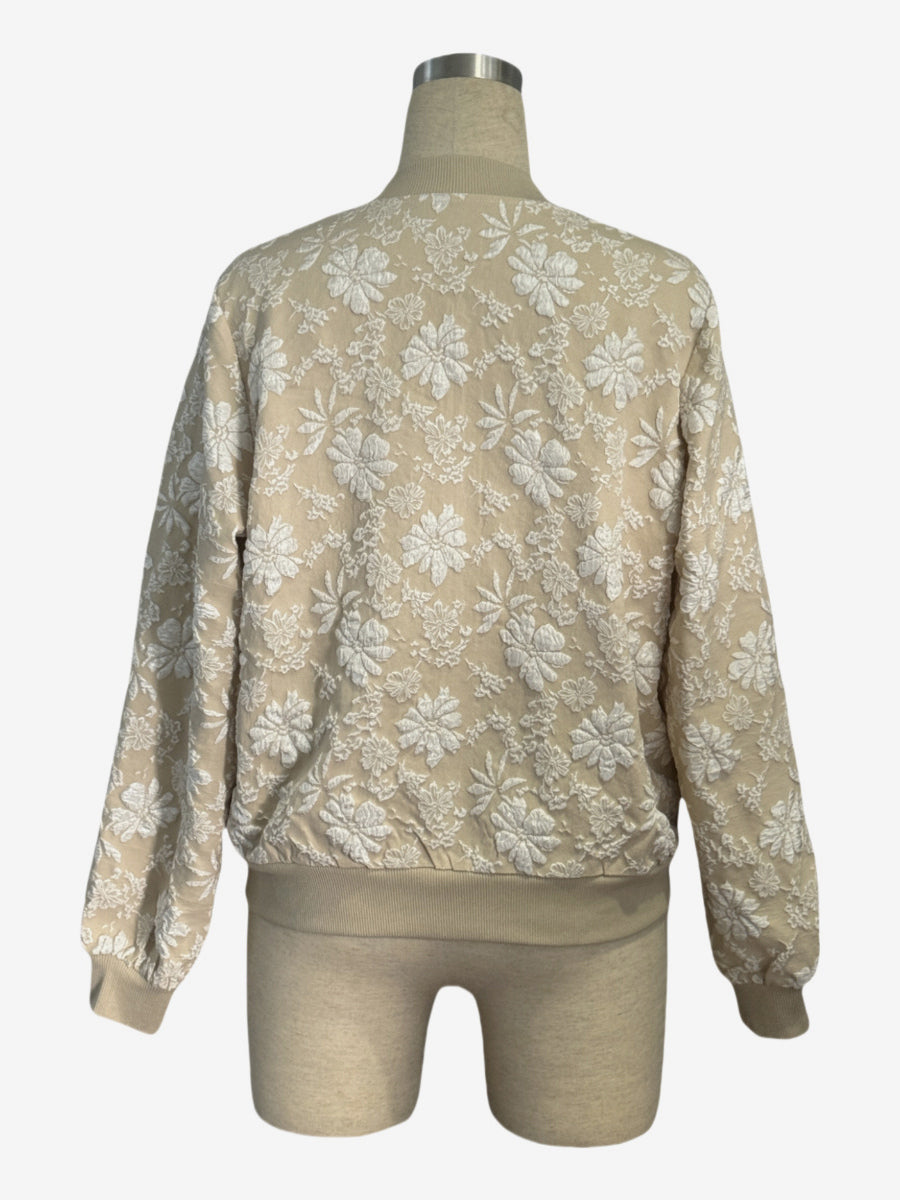 Floral Jacquard Women's Bomber Jacket - Elegant 3D Embossed Flower Zip Up Slim Fit - Chic Spring Streetwear 2026