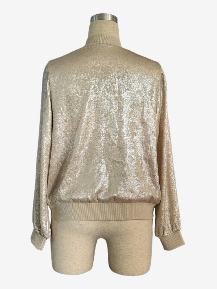 Champagne Gold Women's Bomber Jacket - Zip Up Ribbed Trim Slim Fit - Metallic Spring Party Outerwear 2026