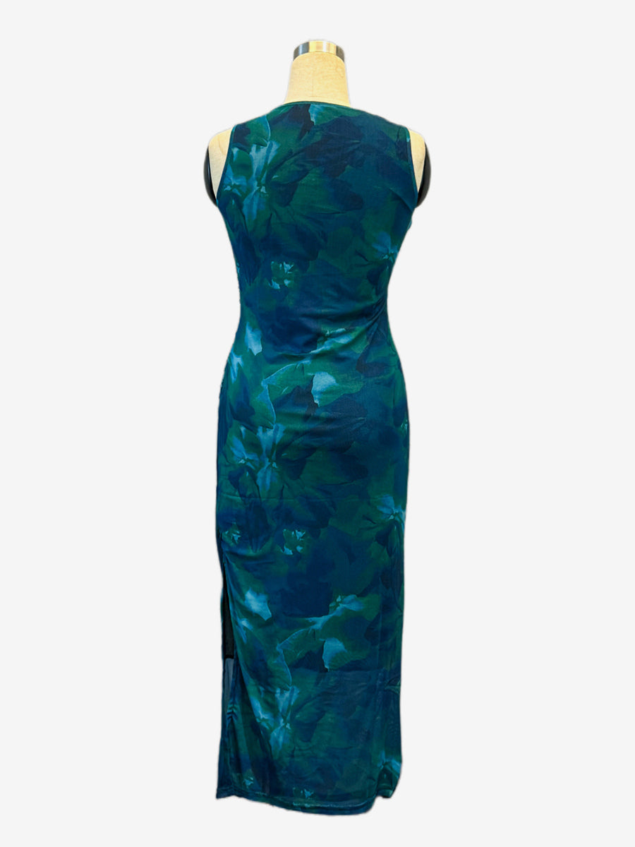 Green Floral Mesh Women Midi Dress - Elegant Ruched Sleeveless Side Slit - Vintage Aesthetic Summer Wedding Guest Dress 2026