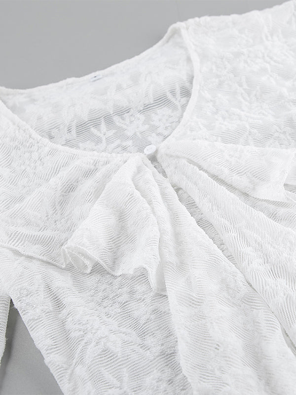 Sheer Floral Lace Women Blouse - White Elegant V-Neck Bell Sleeve Top - Coquette Fairycore Spring Date Night Wear 2026