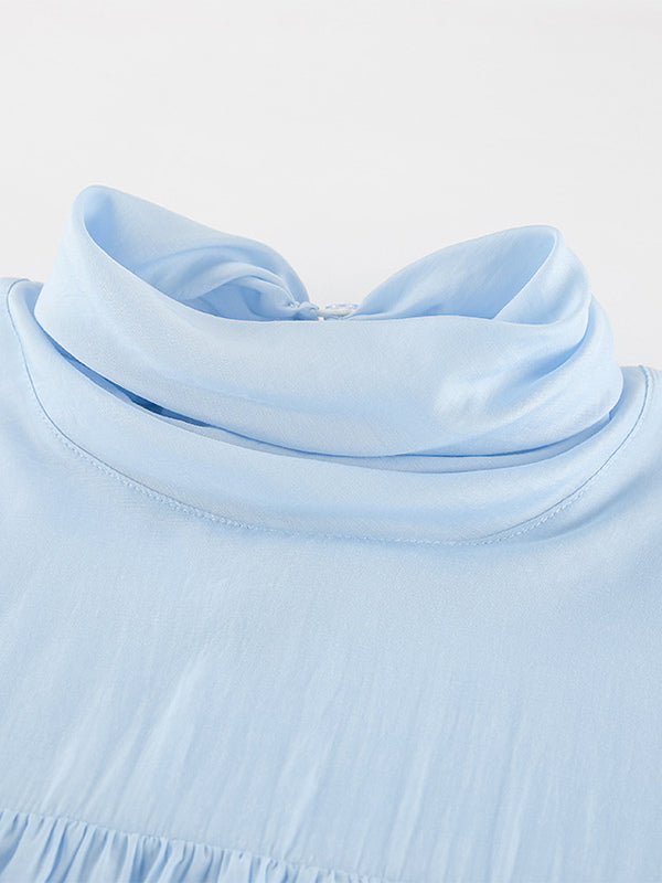 Tiered Ruffle Light Blue Women Blouse - Elegant High Neck Bell Sleeve Top - Boho Chic Beach Wear 2026