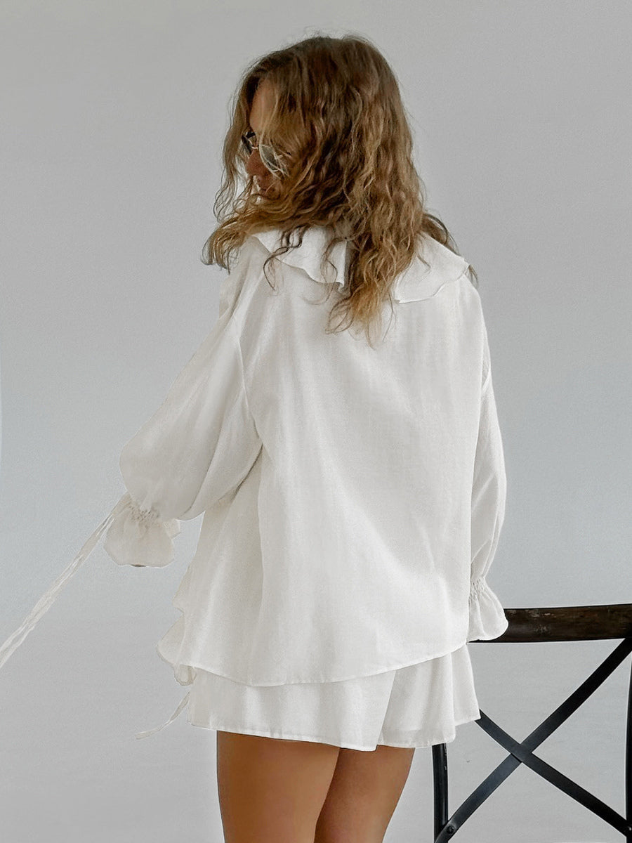 Ruffle Shirt And Shorts Two Piece Set For Women - Cream Boho Flare Sleeve Tie Front - Summer Beach Vacation Outfit 2026