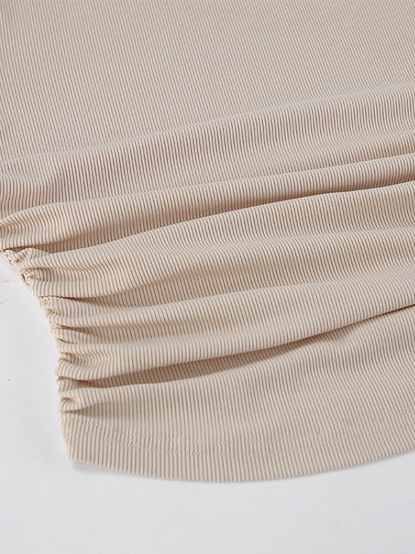 Beige Ribbed Women Long Sleeve Top - Chic Ruched Front Flare Sleeve Slim Fit - Minimalist Basic Spring Casual Streetwear 2026