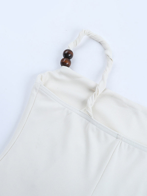 Beaded Strap Women's Mini Dress - Minimalist White Cami Bodycon - Coastal Grandmother Summer Vacation Beach Dress 2026