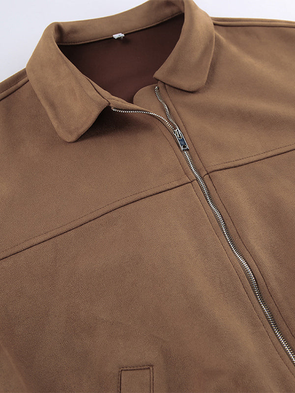 Camel Faux Suede Women's Bomber Jacket - Retro Zip Up Elastic Hem Relaxed Fit - Spring Daily Casual Streetwear 2026