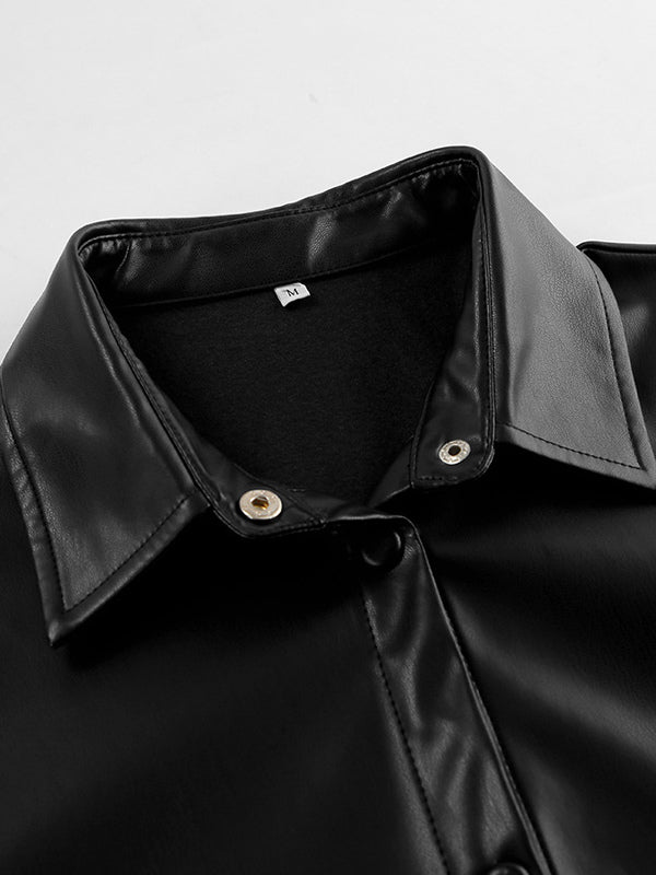 Faux Leather Shirt Women's Button Down Shacket - Minimalist Collared Long Sleeve Top - Oversized Streetwear Spring Outfits 2026