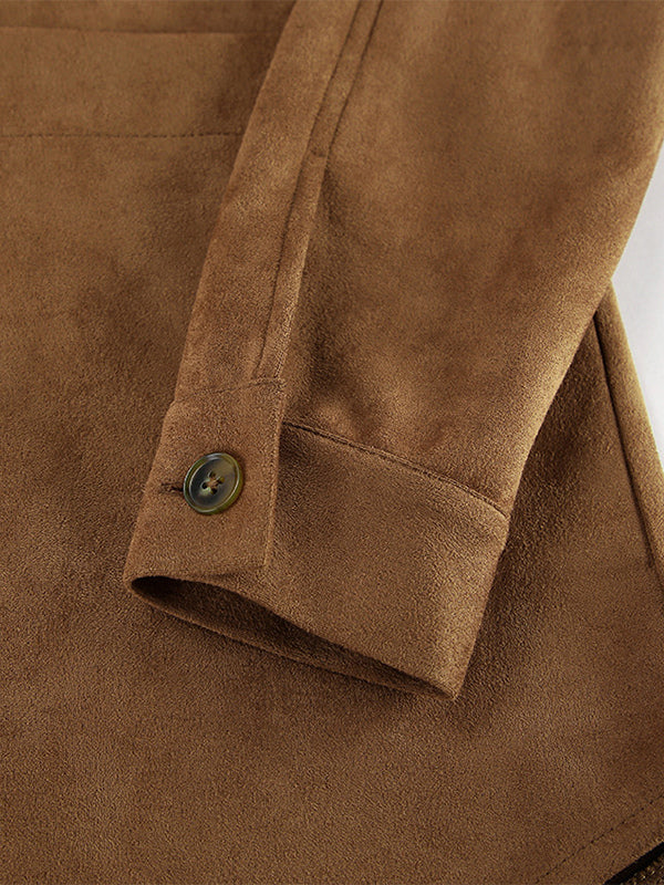 Faux Suede Tan Women's Shirt Jacket - Retro Utility Cargo Pocket Oversized Top - Casual Spring Streetwear 2026