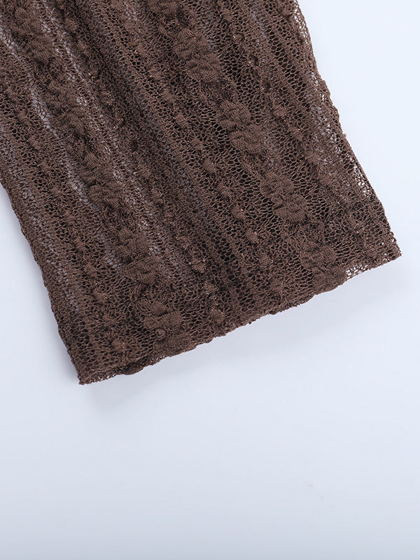 Lace Wrap V Neck Blouse For Women - Brown Vintage Long Sleeve Slim Fit Cropped Top - Spring Casual Daily Wear 2026