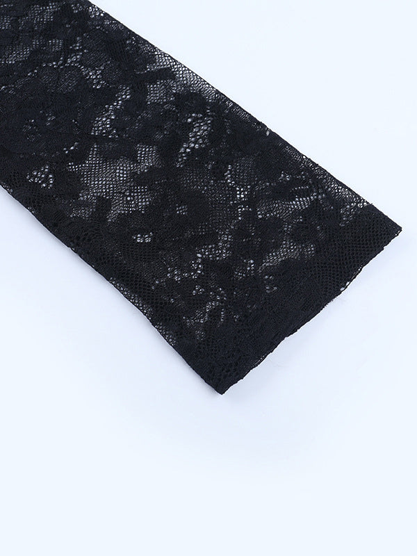 Floral Lace Crop Top For Women - Black Sexy V Neck Long Sleeve - Spring Night Out Clubwear 2026