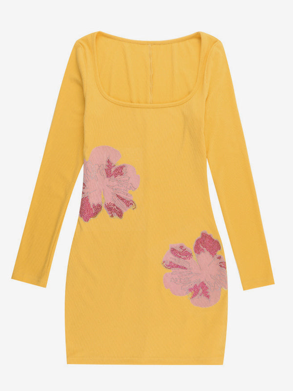 Floral Rhinestone Ribbed Dress For Women - Yellow Long Sleeve Square Neck Bodycon Mini Dress - Spring Casual Streetwear 2026