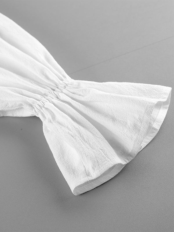 100% Cotton Blouse Women's Chic Boho Top - White Ruffle Neck Lantern Sleeve V Neck - Beach Vacation 2026