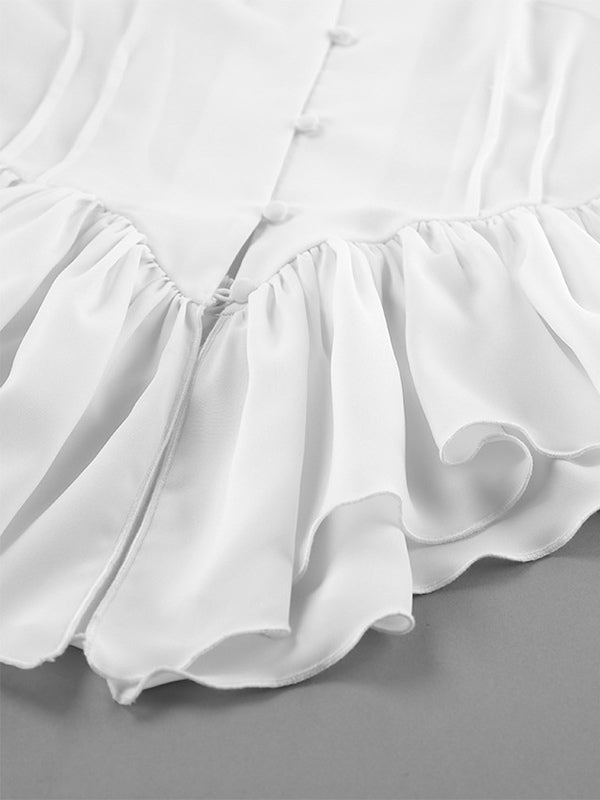 Peplum Blouse Women's Elegant White Top - Halter V Neck Lantern Sleeve Slim Fit - Spring Desk-to-Dinner 2026