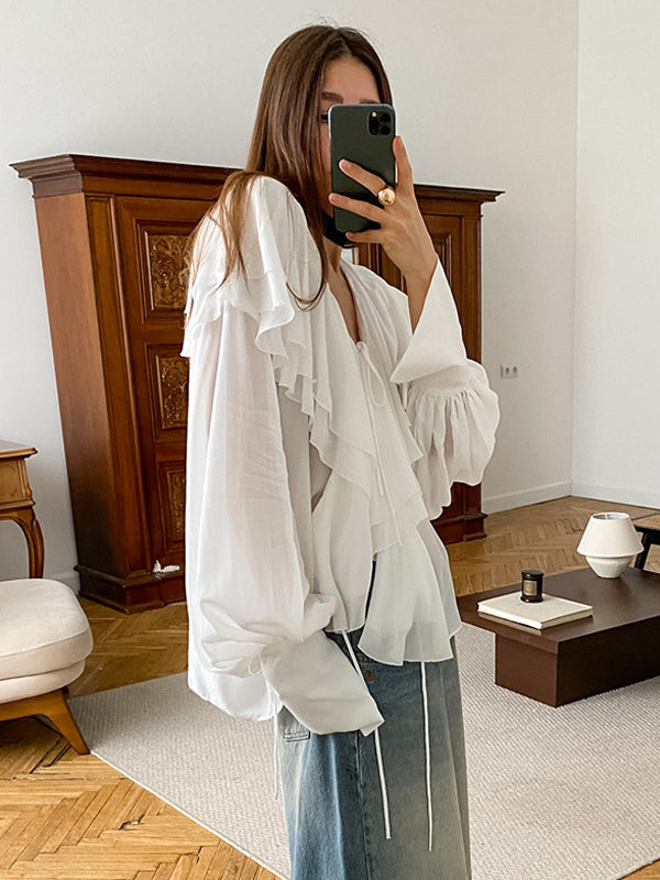 Tie Front Ruffle Blouse Women Chic Top - White French Vintage Lantern Sleeve Deep V Neck - Spring Daily Streetwear 2026