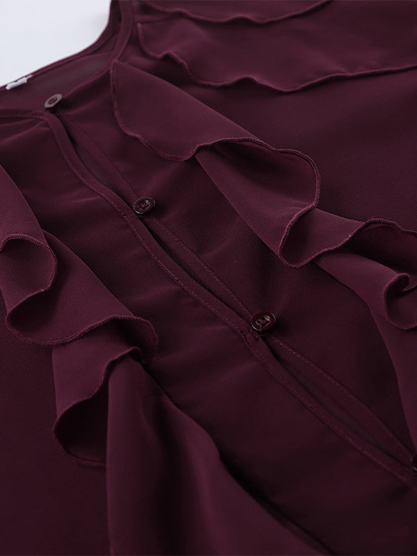 Ruffle Chiffon Blouse Women Chic Sheer Top - Wine Red Retro Victorian Cascading Flare Sleeve - Spring Party Club 2026