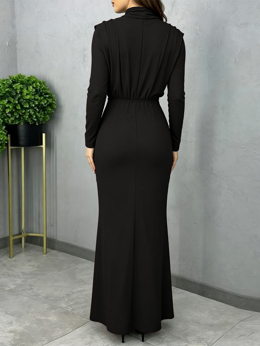 Mock Neck Maxi Dress For Women - Back Slit Long Sleeve Gown - Spring Evening Party 2026